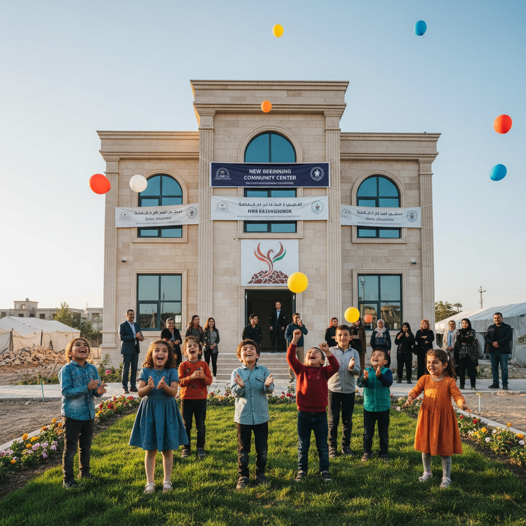 Children celebrating the opening of a new community center, symbolizing hope and renewal