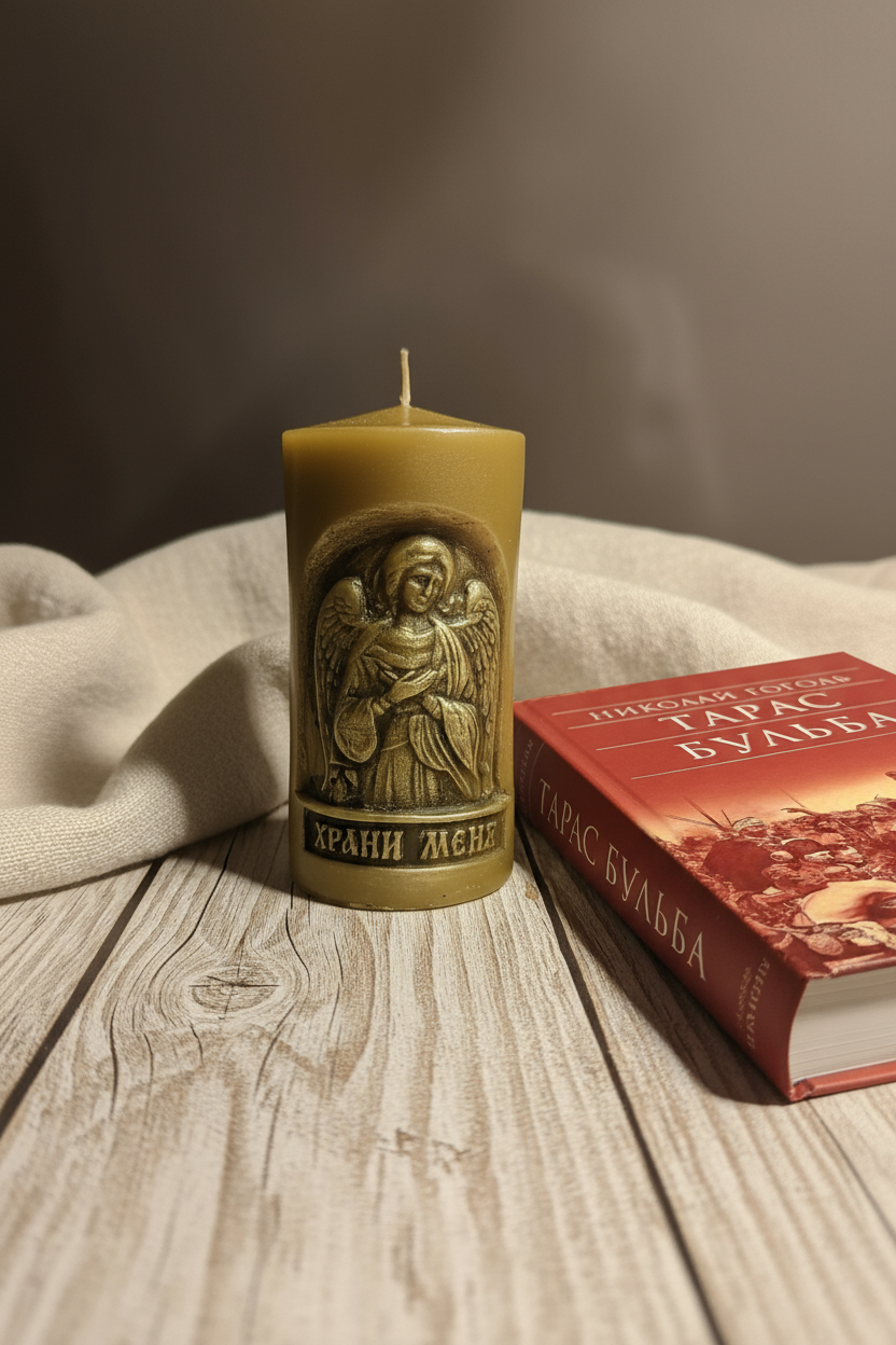 Candle with angel carving next to the book "Тарас Бульба"