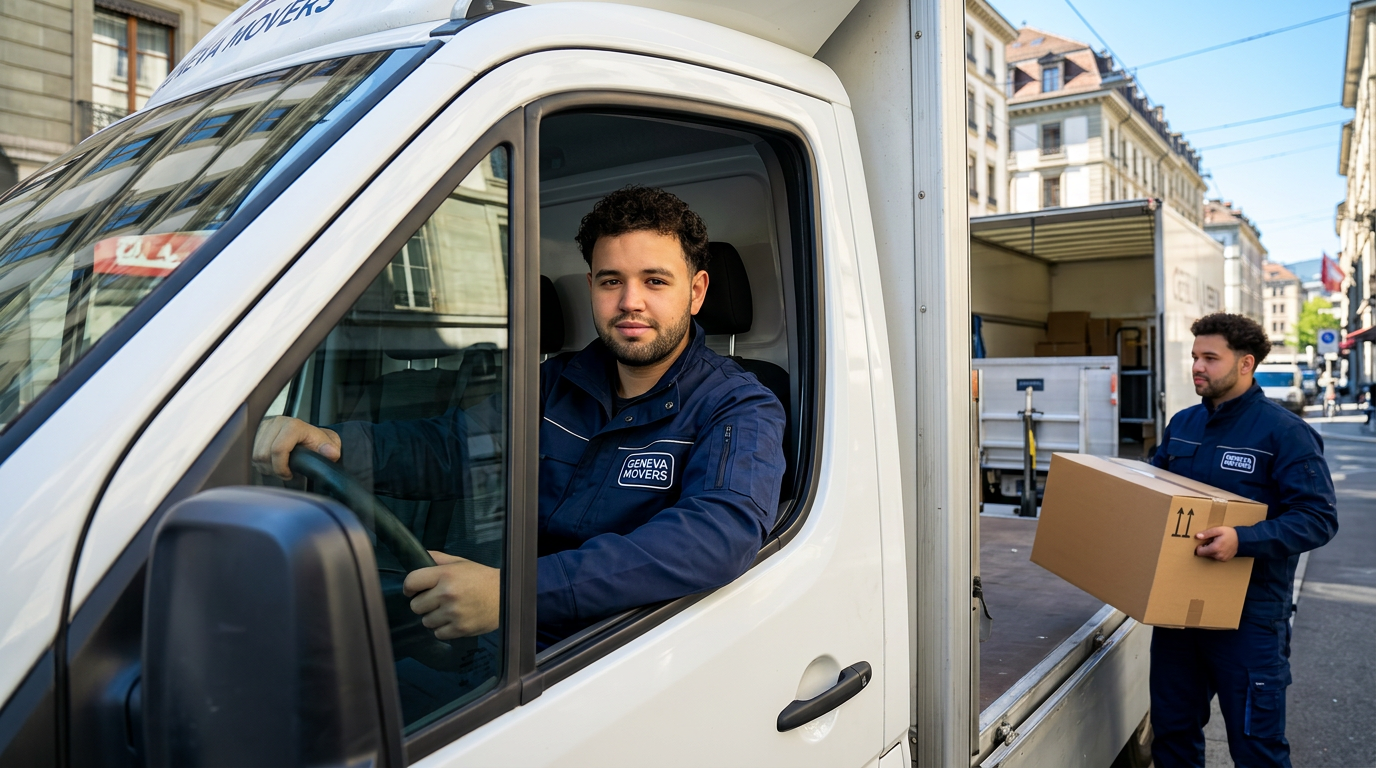 Chauffeur camionnette 3.5T avec pont élévateur et travailleur portant cartons