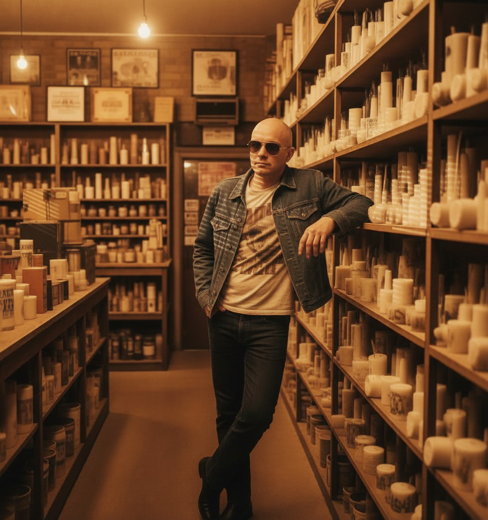 Портрет в журнале свечей с полосатыми тенями от жалюзи на лице и на фоне, как от солнечного света через окно.