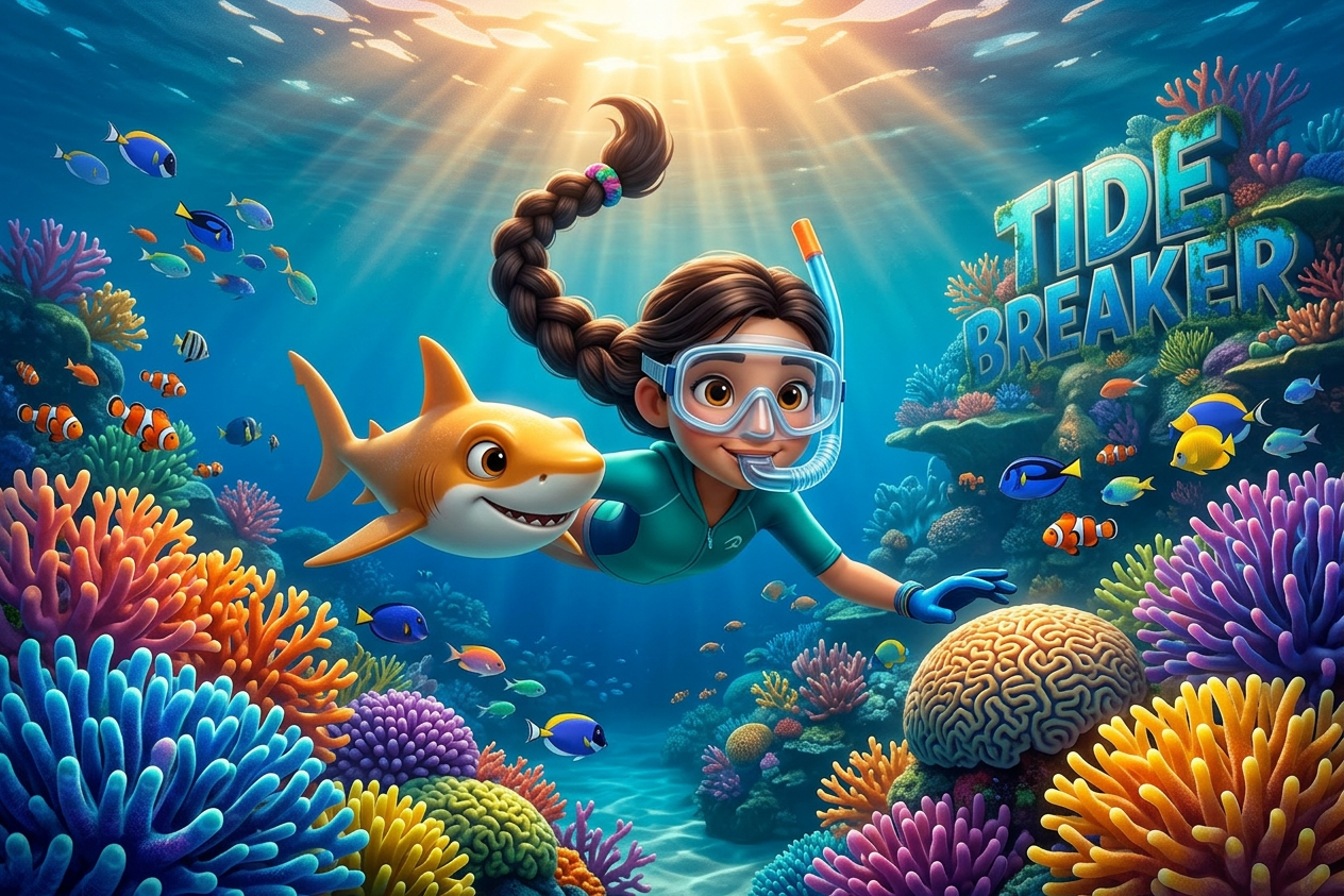 Kayla and Leo snorkeling together at Rainbow Gardens coral reef, Tide Breaker Island