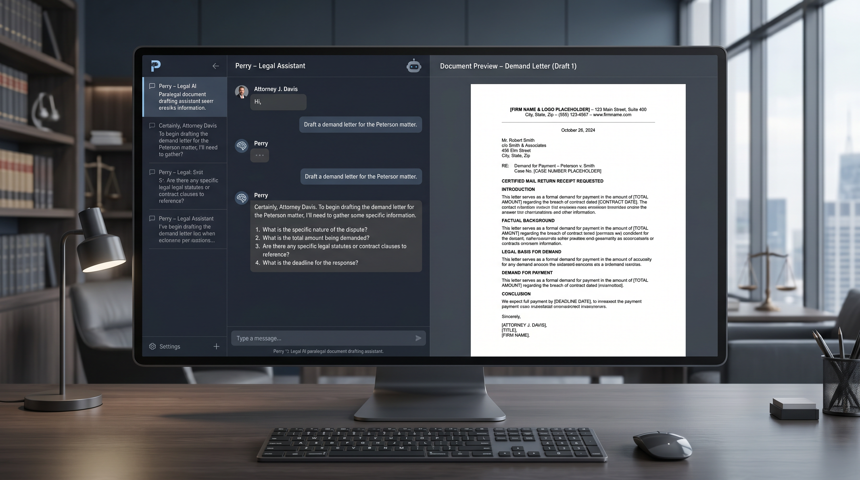Perry paralegal assistant showing a legal document draft generated from a template via conversational AI