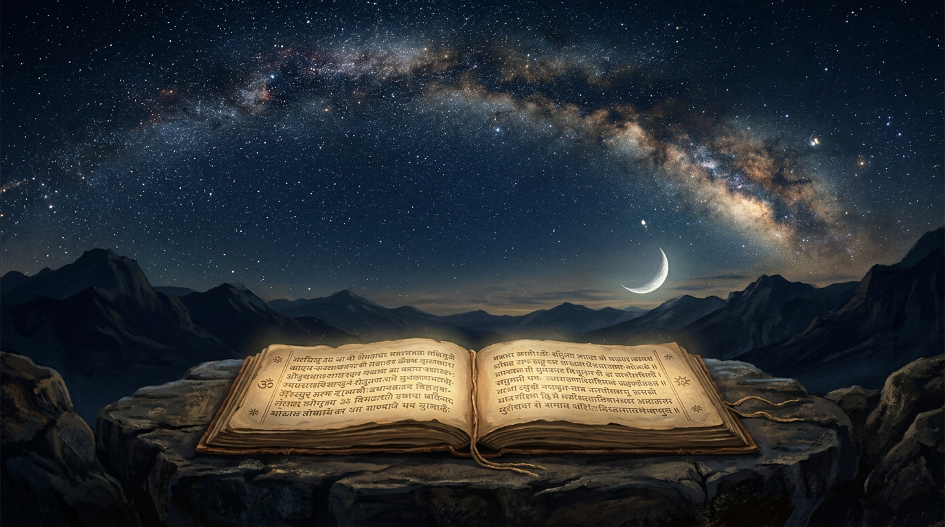 Night sky over an open Sanskrit manuscript