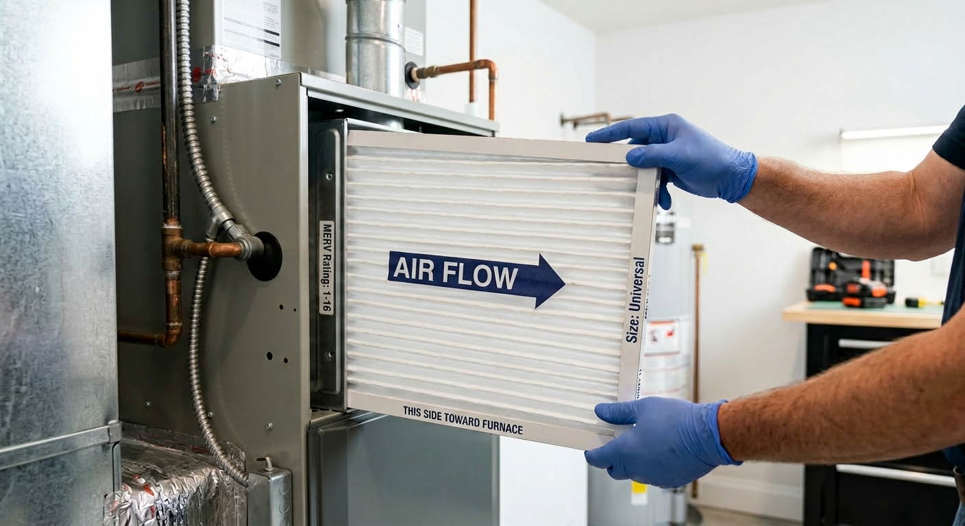 Professional installing HVAC filter with directional arrow