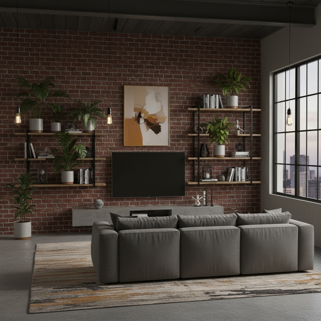 Sala moderna industrial con estanterías flotantes, plantas y libros.