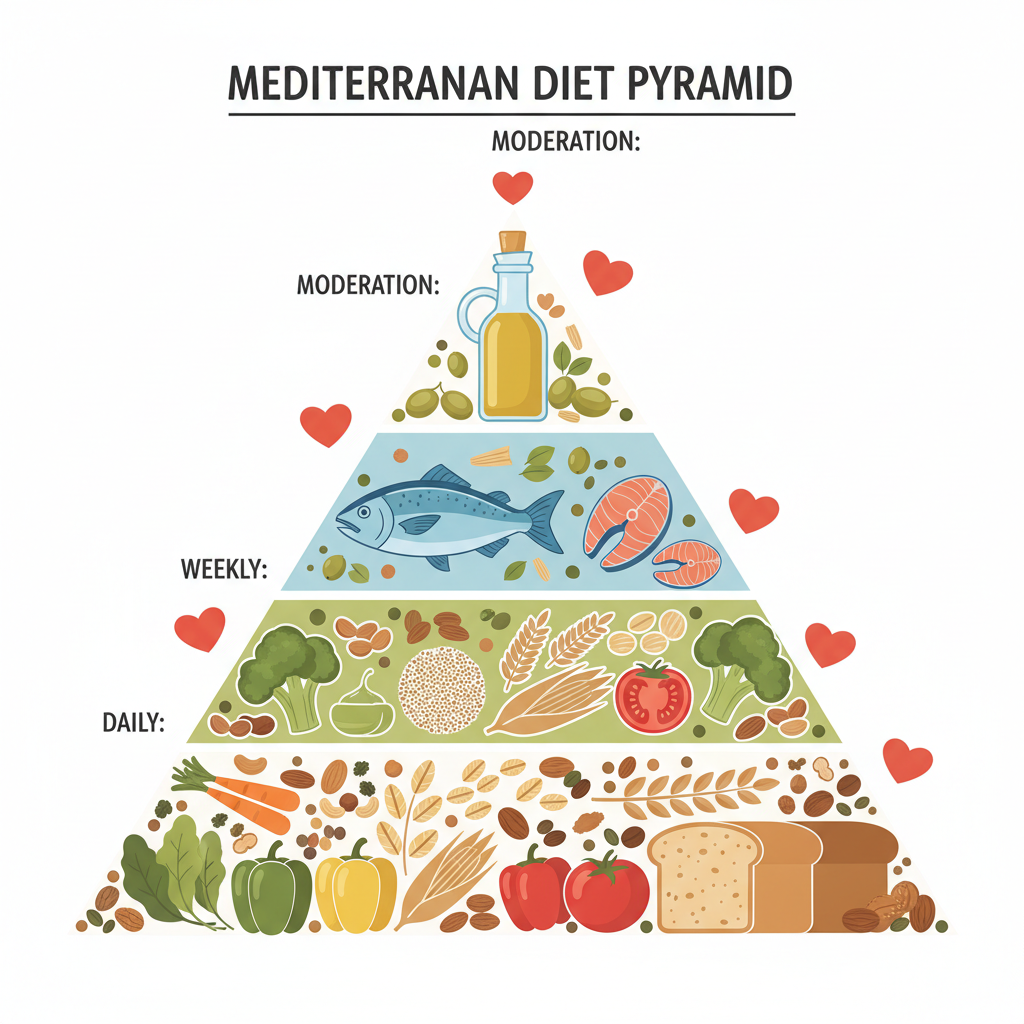 Mediterranean diet essentials pyramid: olive oil, fish, nuts, veggies, grains, heart health icons.
