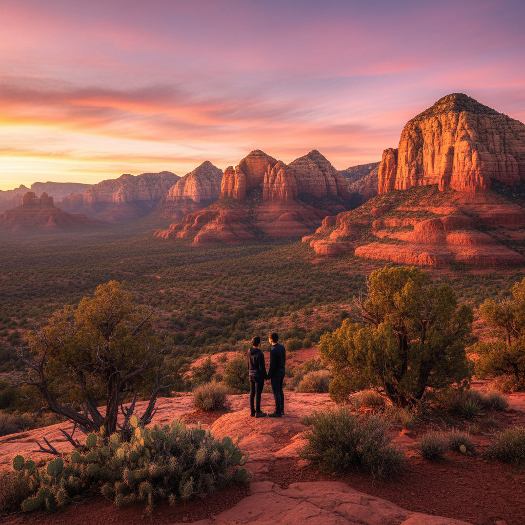 Romantic couple enjoying Sedona Arizona red rock sunset vista