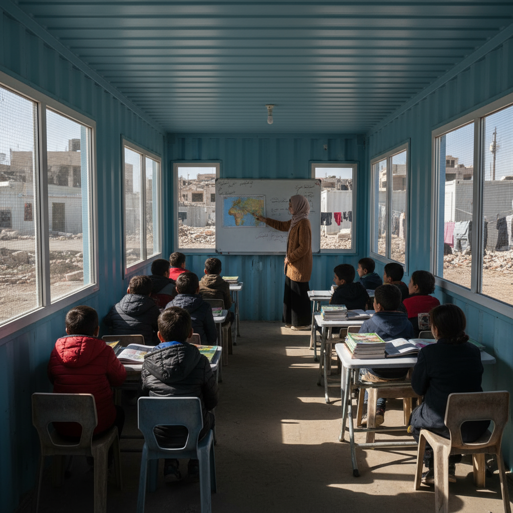 Children attending classes in temporary container schools after the earthquake