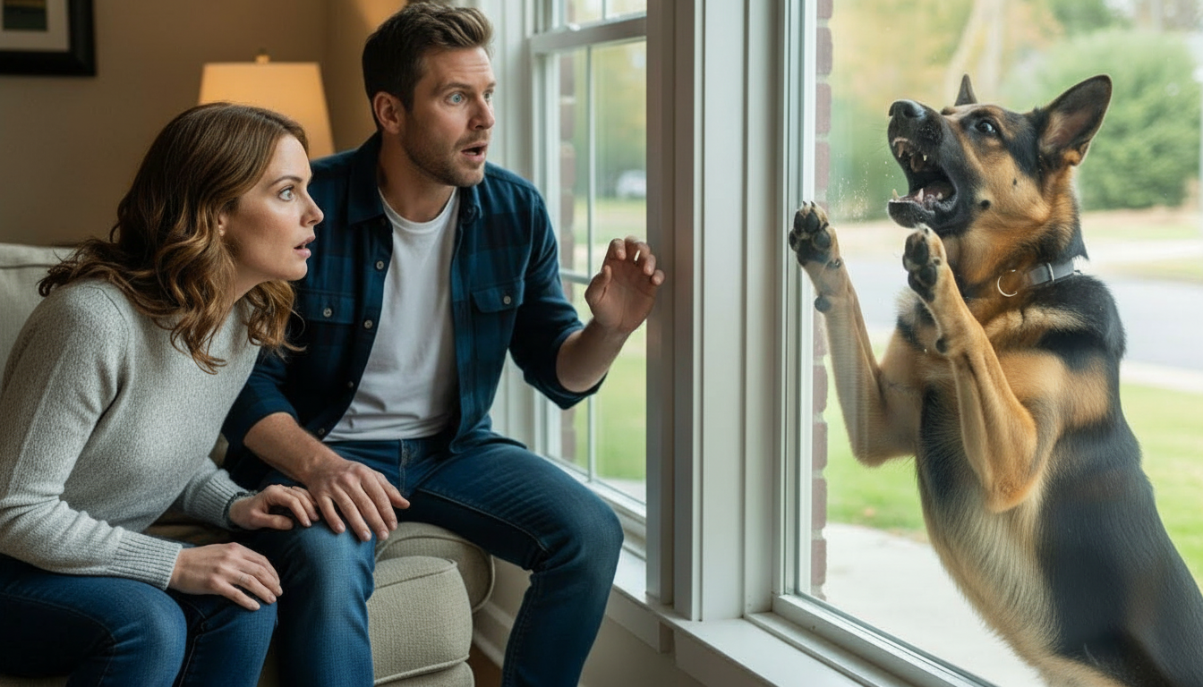 Ảnh một đôi nam nữ trong nhà, chó becgie ngoài kính, không có mũi tên đỏ.