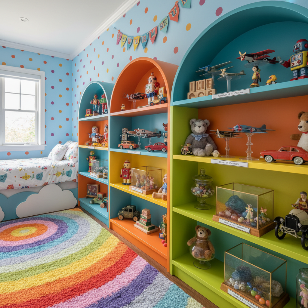 Estanterías coloridas con juguetes organizados en un dormitorio alegre