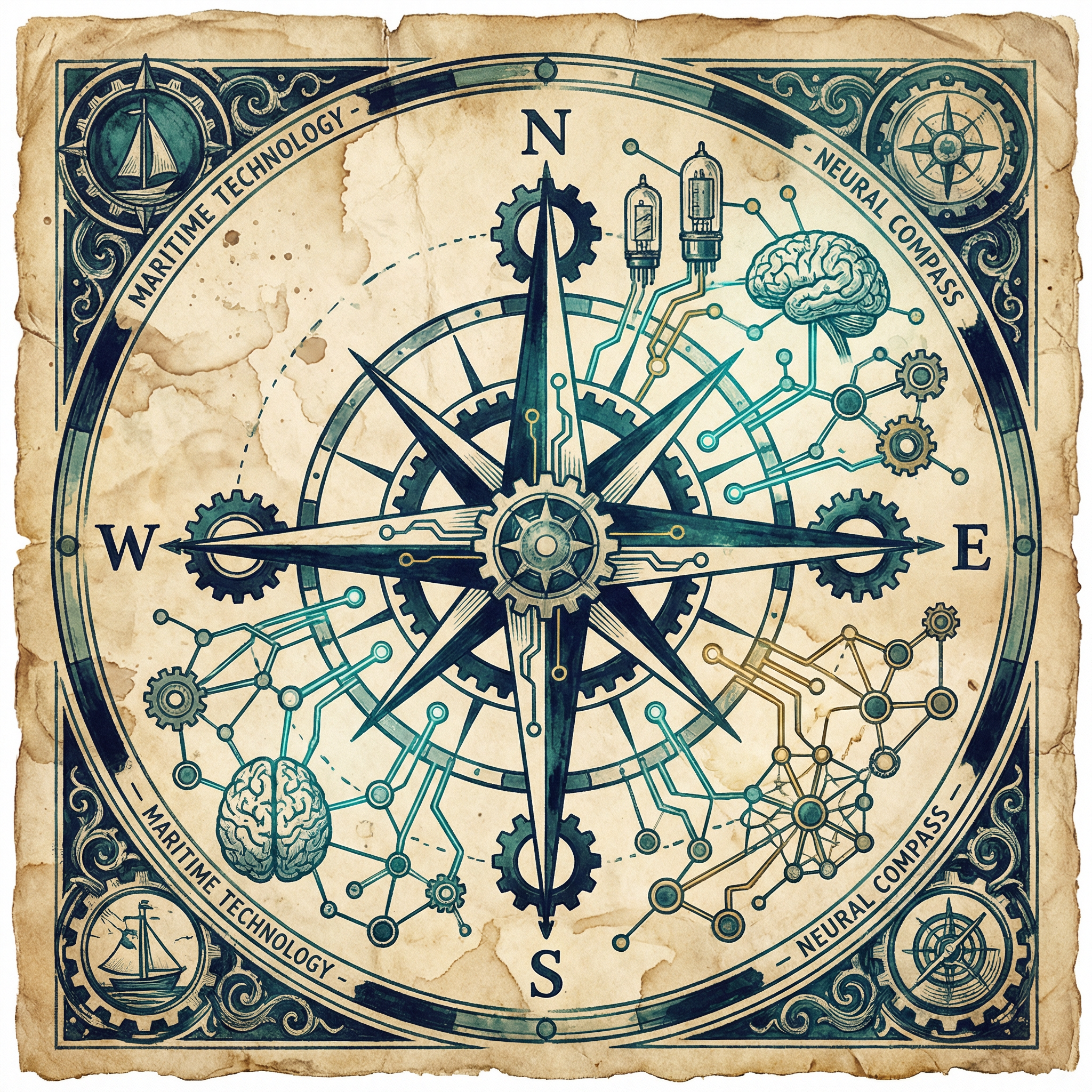 Compass rose merged with a neural network diagram