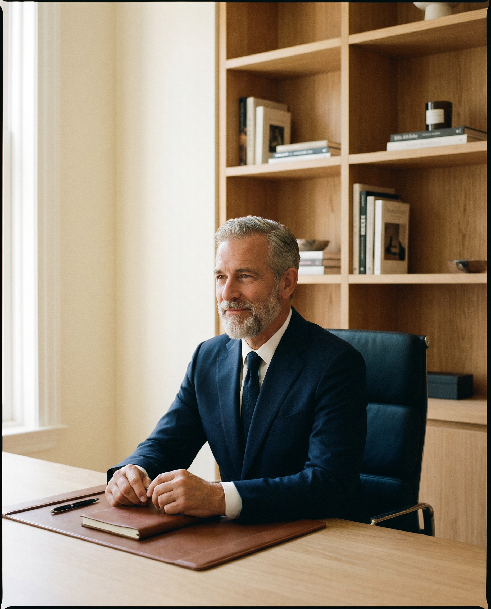 Professional services executive reviewing authority content at a premium workspace