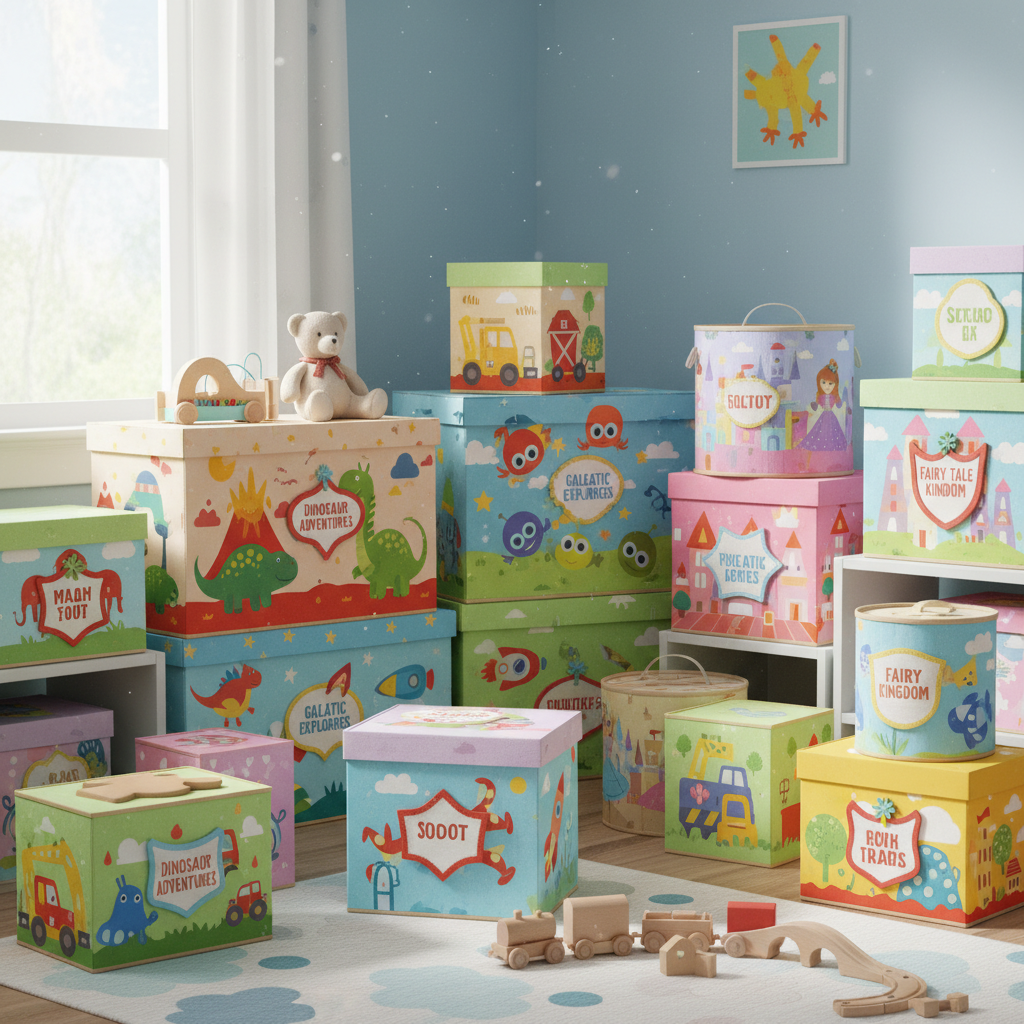 Cajas de juguetes coloridas en un cuarto infantil alegre y ordenado