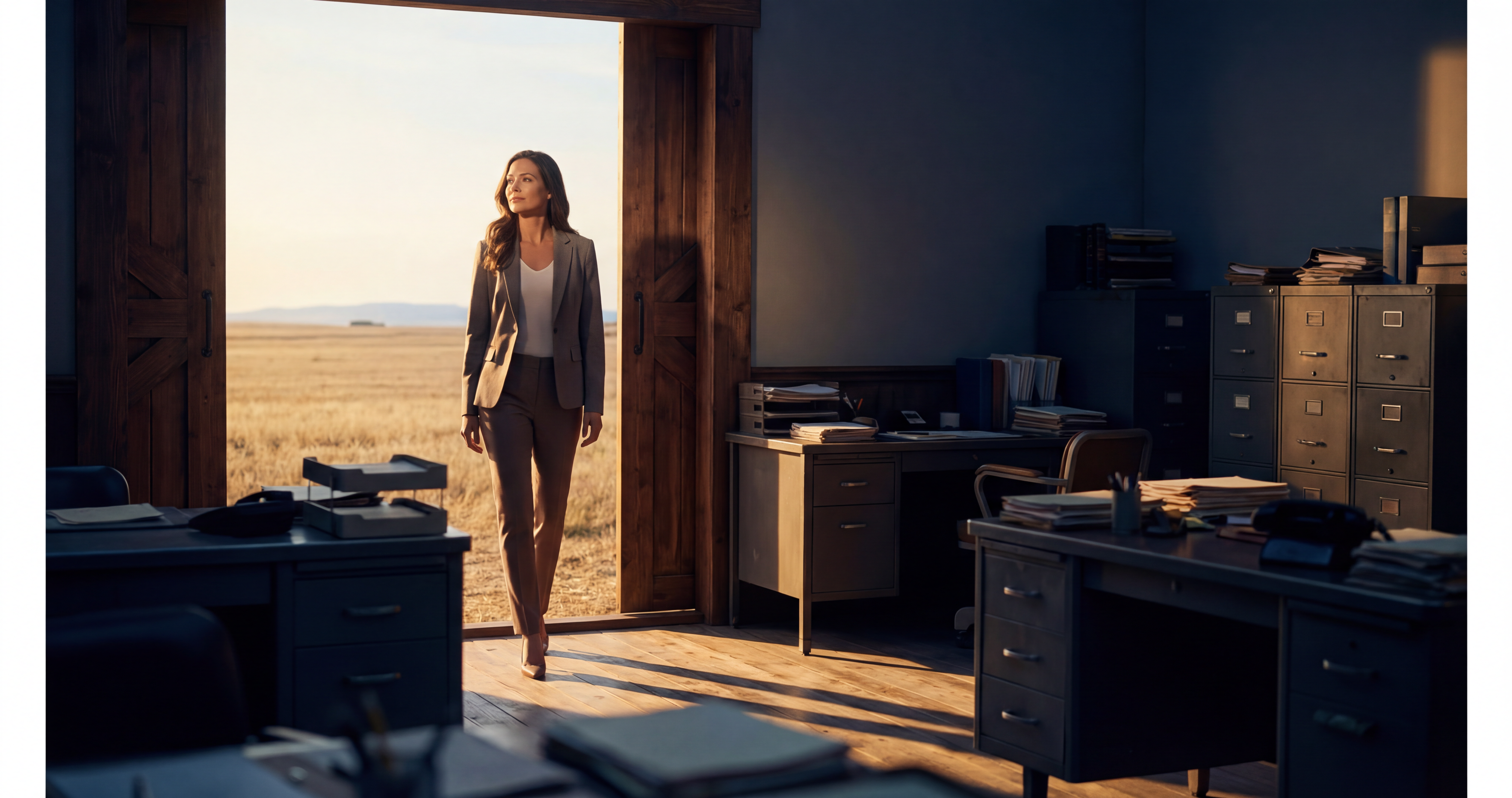 Confident woman business owner stepping from a cluttered office into bright open space after automating low value work with AI
