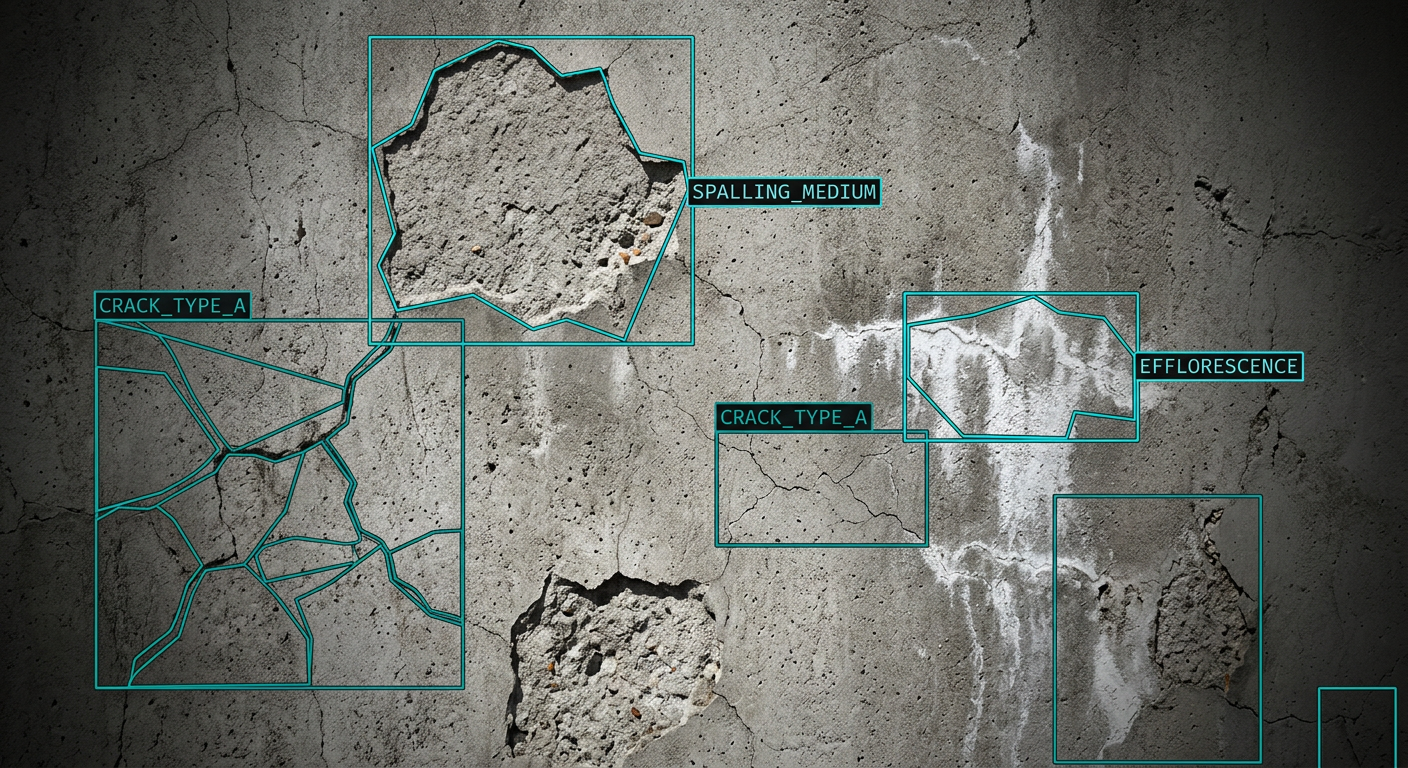 AI defect detection annotations on a concrete building façade showing classified crack and spalling zones with teal bounding boxes
