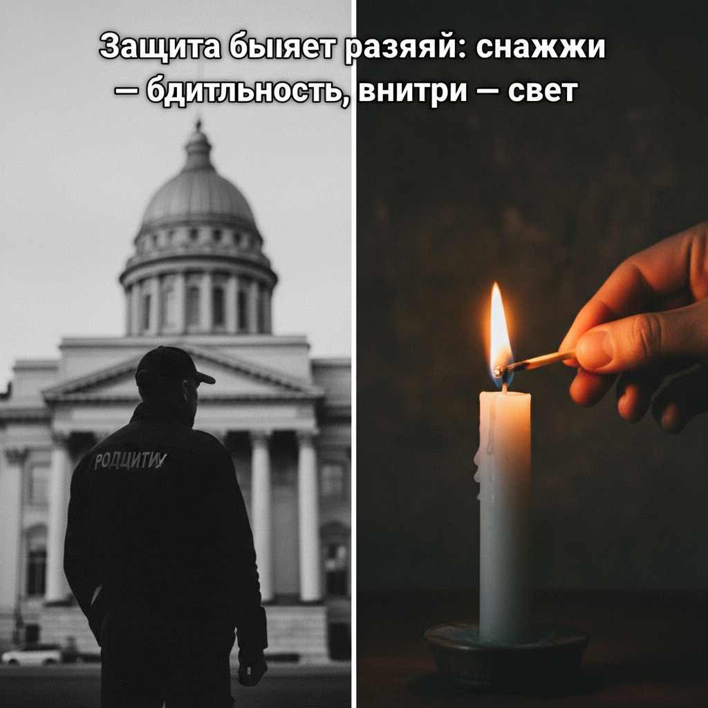 Коллаж: силуэт охранника и рука с зажигаемой свечой, с надписью о защите.