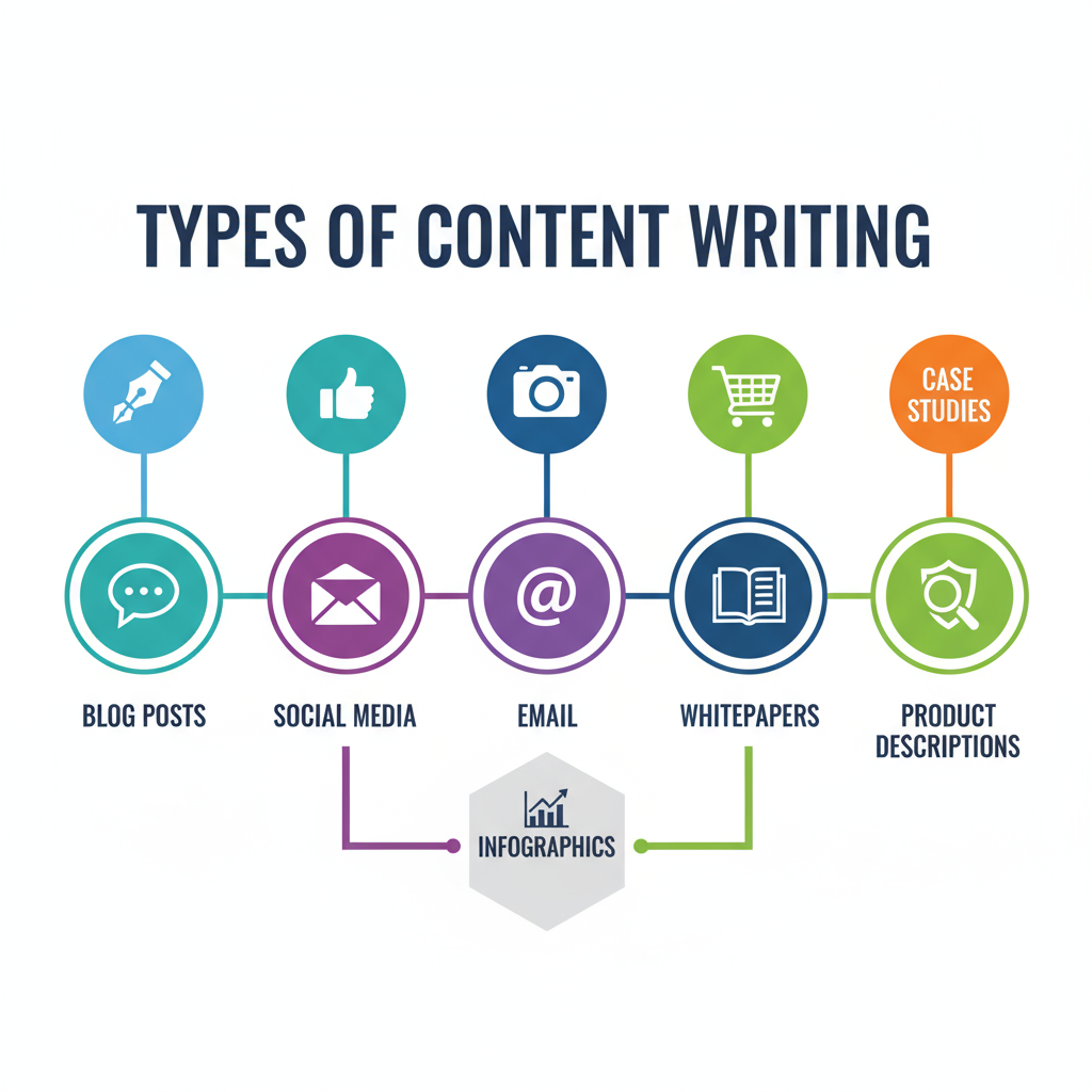 Infographic showing types of content writing with icons for each type.