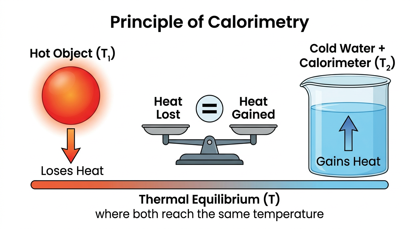 Diagram showing heat exchange: hot object loses heat, cold water plus calorimeter gains heat, reaching thermal equilibrium