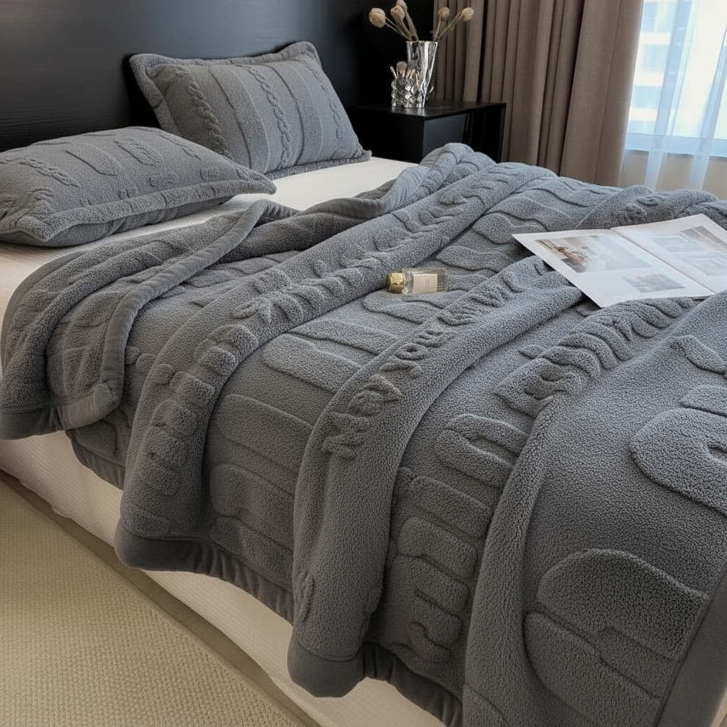 Lit avec couverture et coussin gris texturés, magazine