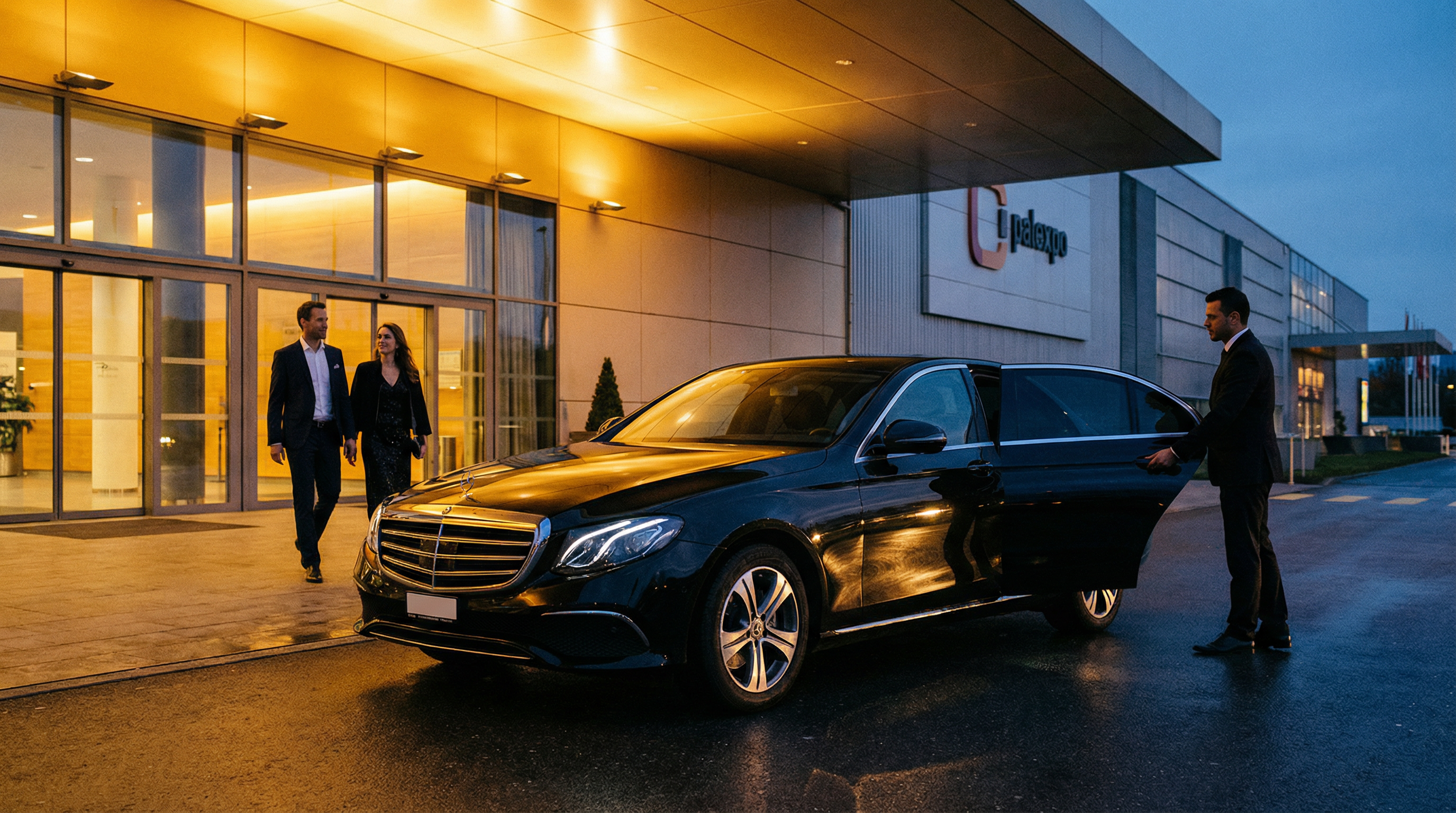 EasyTransfer Mercedes at Geneva Palexpo by night