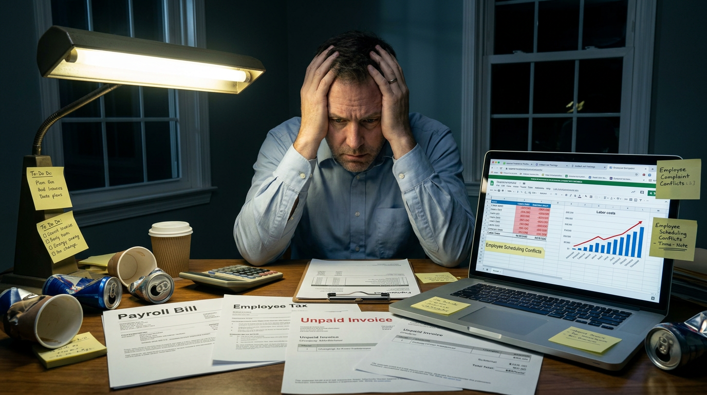 Photorealistic exhausted affiliate marketer late at night surrounded by rejected affiliate applications, burned Facebook ad invoices, ClickFunnels subscription bills, laptop showing $0 sales, empty bank account, stressed expression