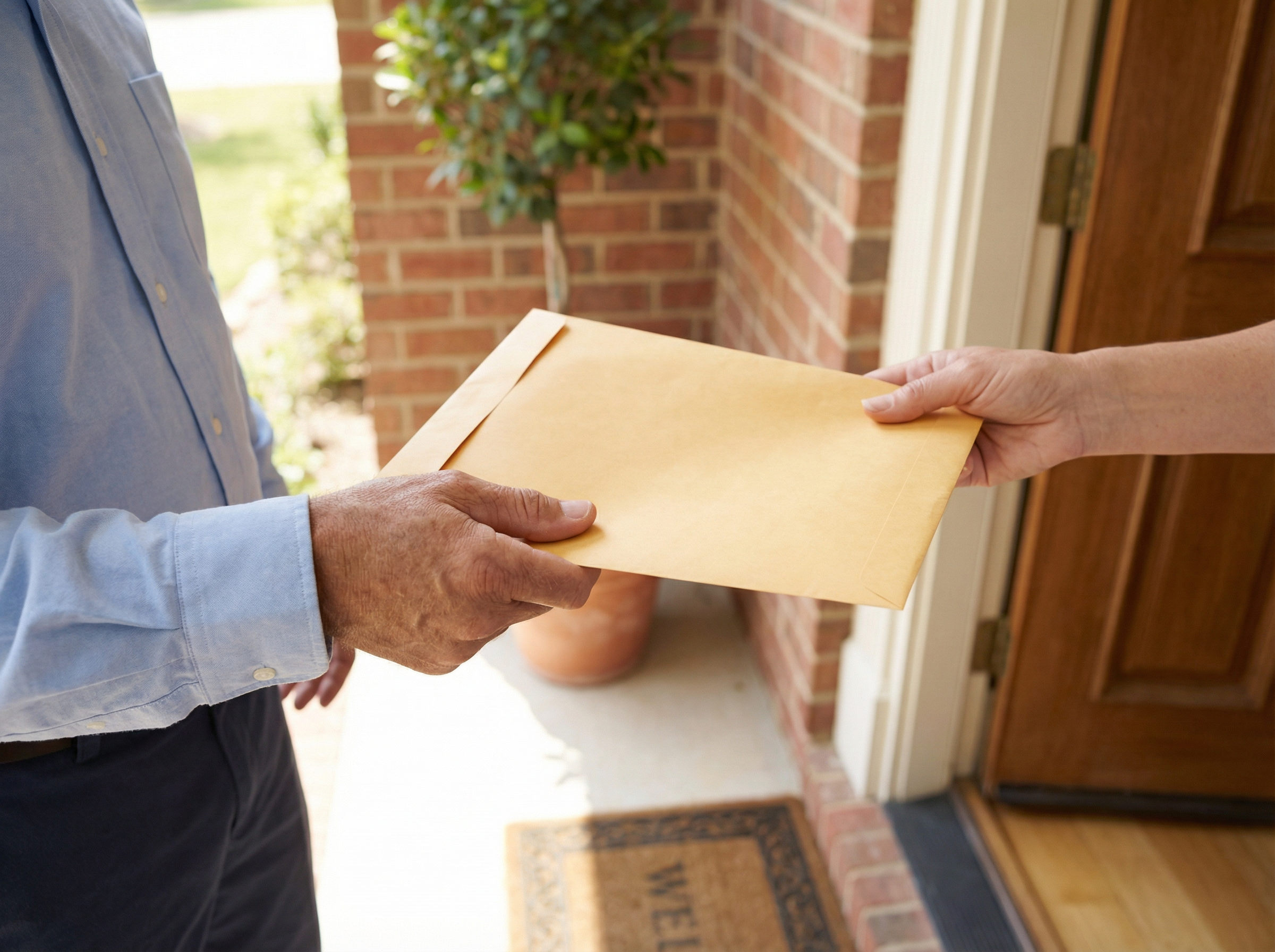 Professional courier delivering a signed legal document at a residential doorstep