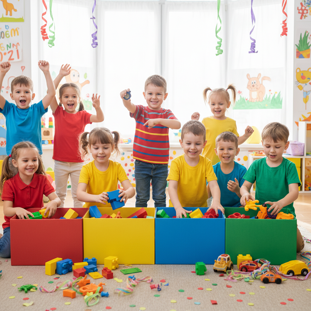 Niños organizando juguetes con cronómetro y cajas de colores vivos en sala de juegos alegre