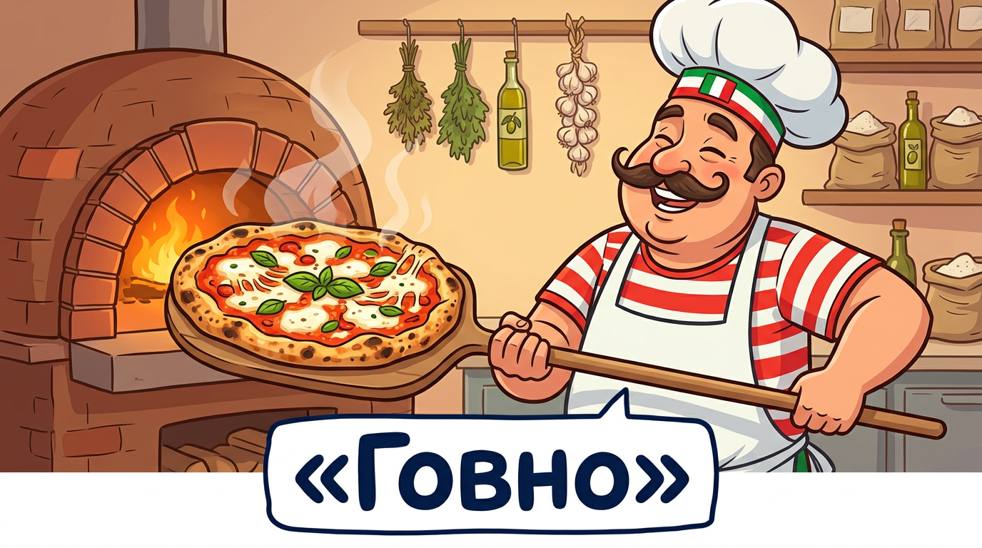 Мультяшный итальянский шеф-повар достал из печи горячую пиццу
