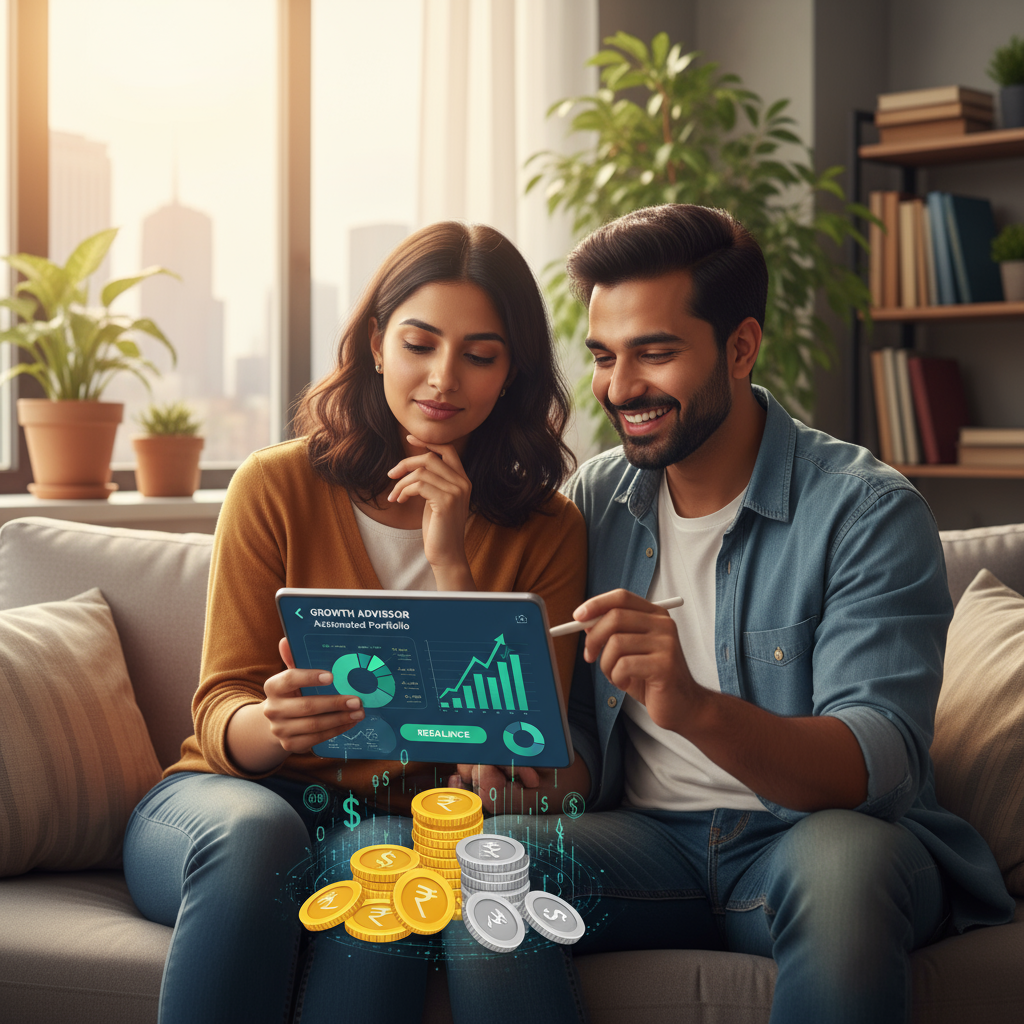 Indian couple automating investments via mobile app in 2025.