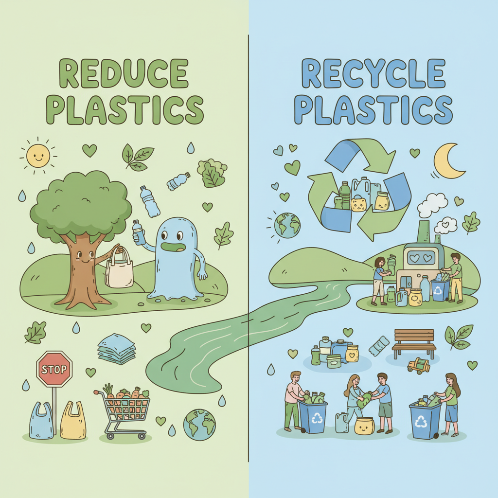 Cartoon comparing reducing versus recycling plastics with eco-friendly visuals.