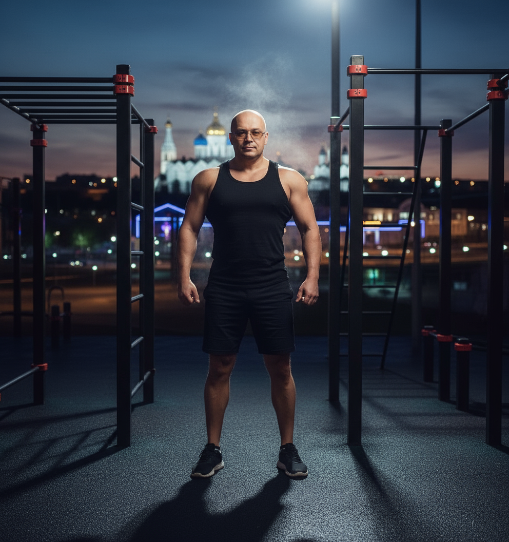 Спортивный мужчина в майке, воркаут-площадка, драматическое освещение