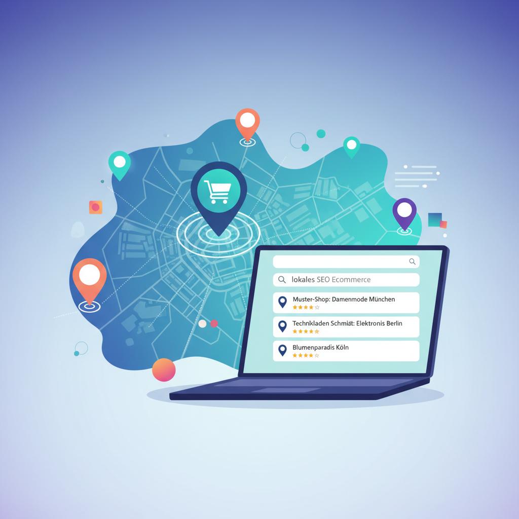 Illustration für lokalen SEO-Erfolg im eCommerce – Karte, Standort-Pins, Laptop, regionale Sichtbarkeit