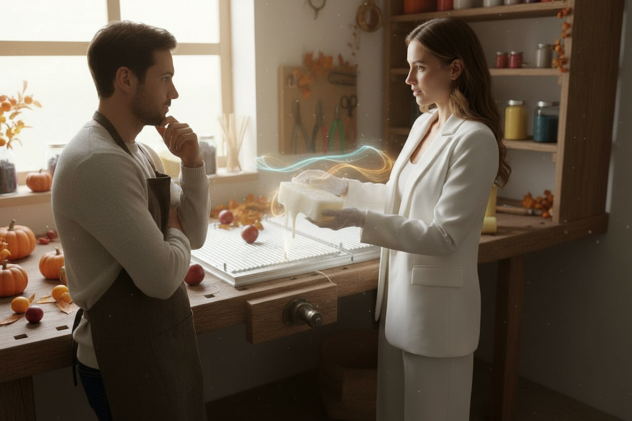 Женщина в белом костюме и мужчина с формой для свечей, осенние мотивы, уютный фон, энергетика перемен.