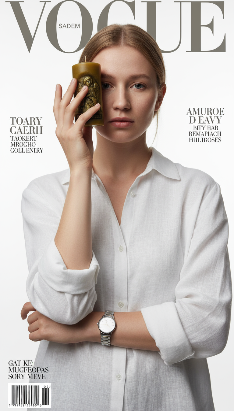 Vogue cover with realistic face, candle, minimalist white background.