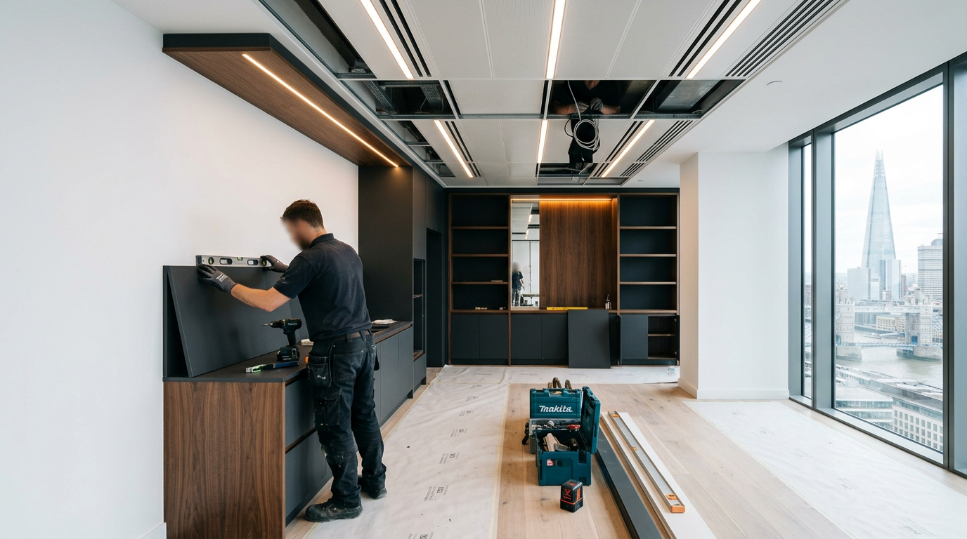 Premium London interior fit-out showing precision architectural joinery, dark charcoal cabinetry and recessed LED ceiling lighting installed by specialist craftspeople