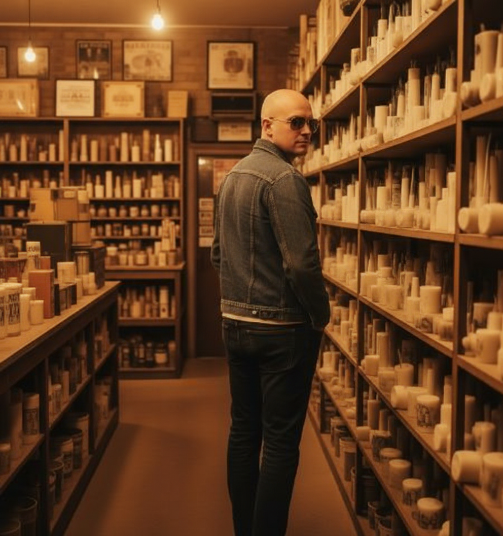 мужчина в джинсовке в магазине свечей, взгляд через плечо