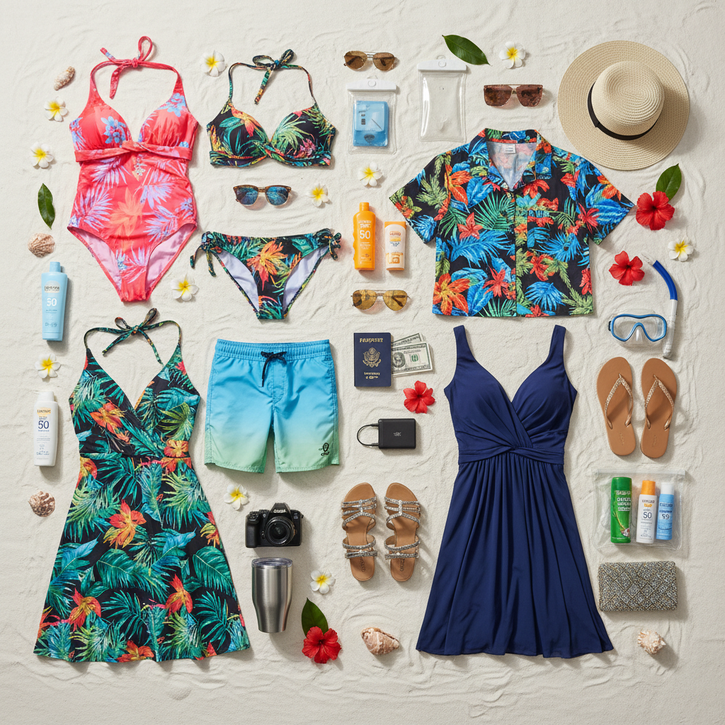 Flat lay of essential packing items for Punta Cana party vacation including passport, swimwear, and party attire