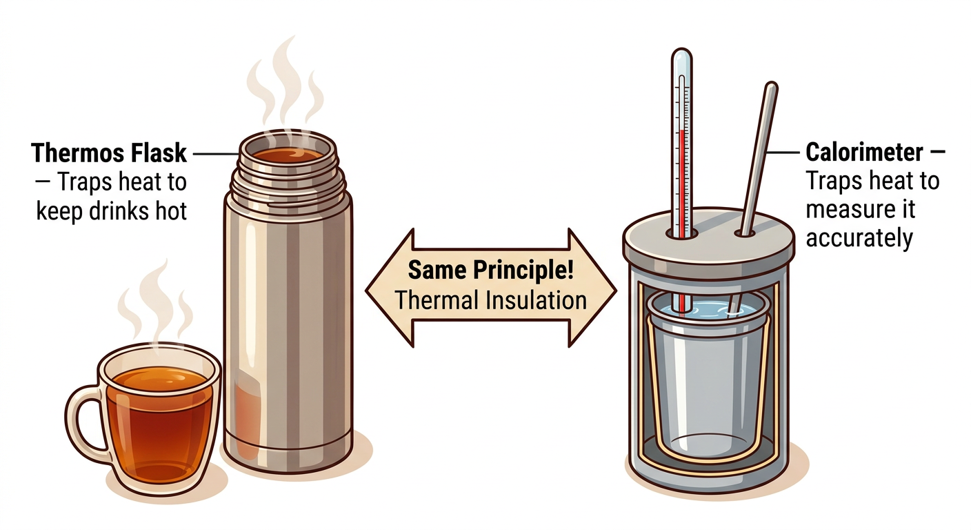 Analogy showing a thermos flask compared to a calorimeter &mdash; both use thermal insulation