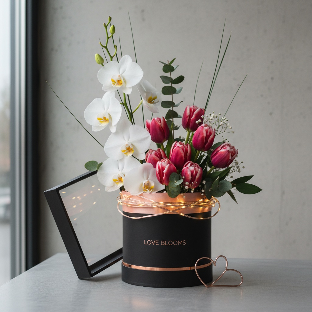 Modern and unique Valentine's Day floral composition in a stylish box