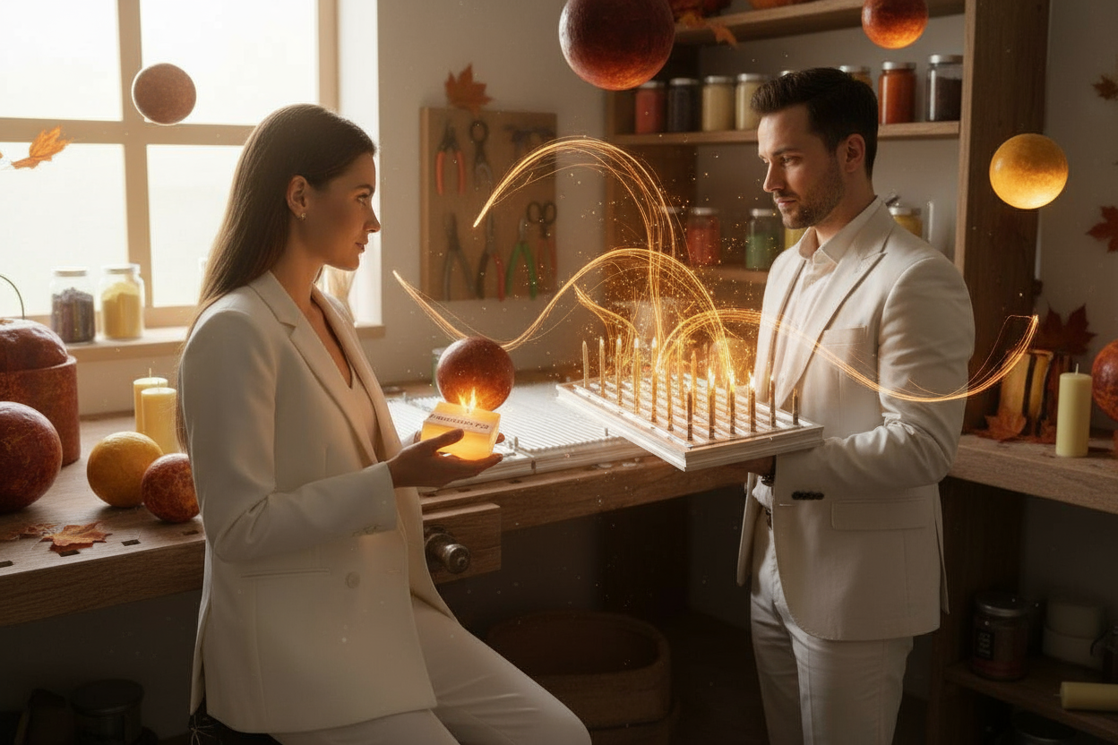 Woman in white suit and thoughtful man, with Mauser 20t mold and paraffin, autumn and energy theme.