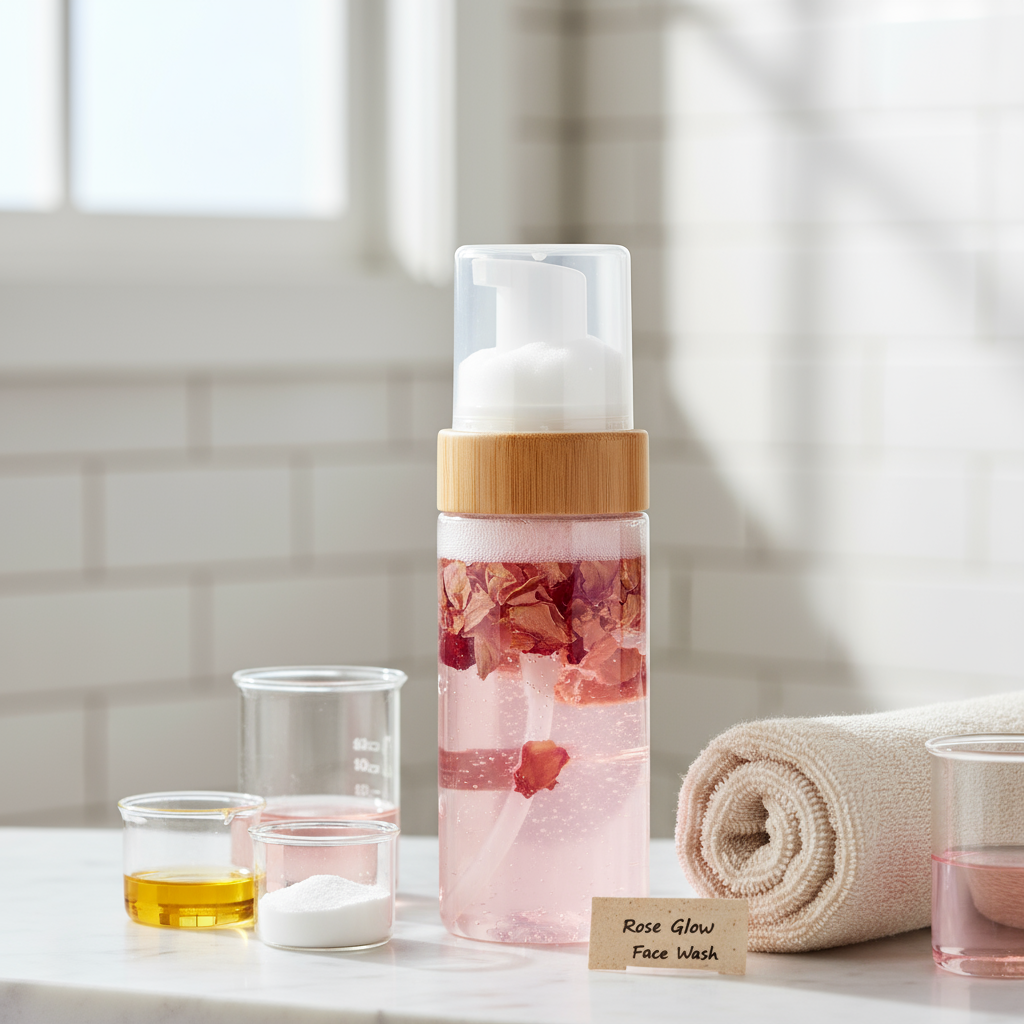 Rose petals and foaming bottle for DIY face wash