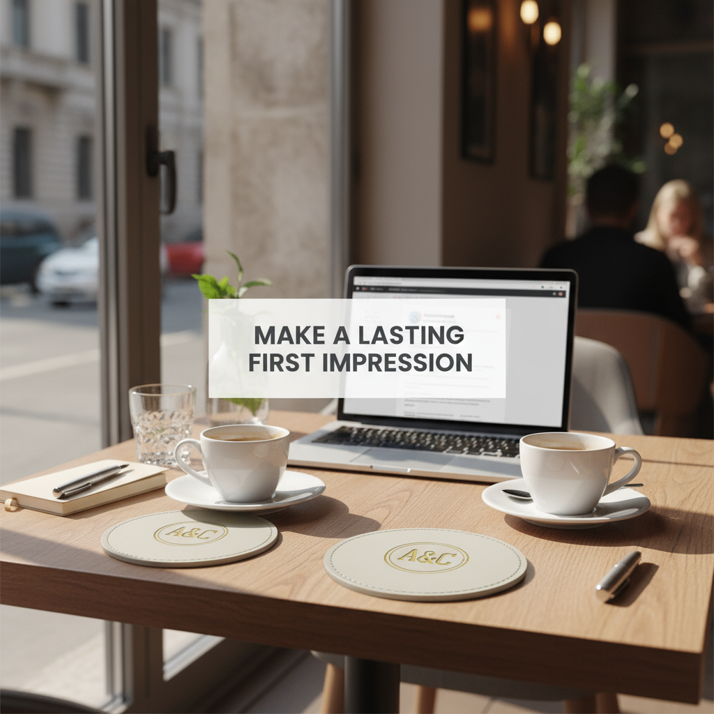 Branded Drink Coasters on cafe table for first impressions