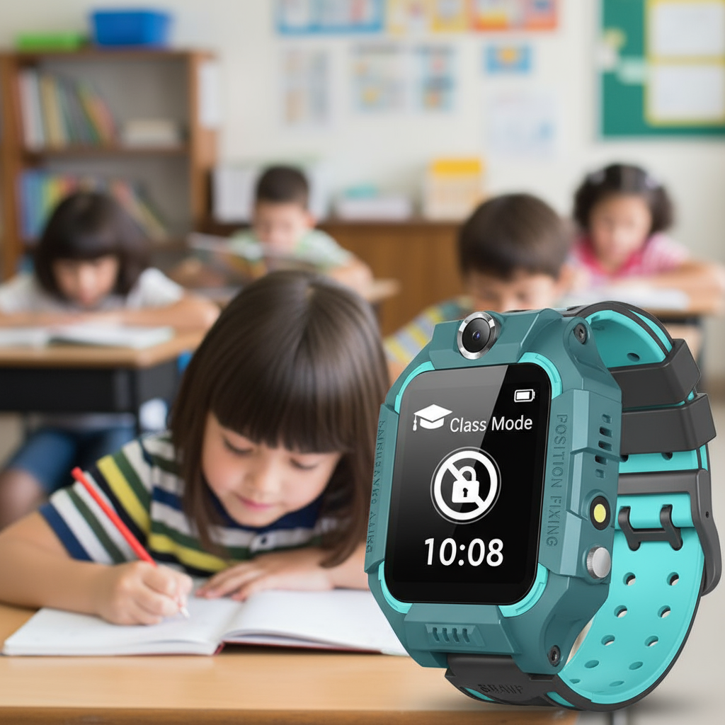Imagen profesional de smartwatch infantil en modo clase: pantalla bloqueada, icono escolar, fondo de niños estudiando.
