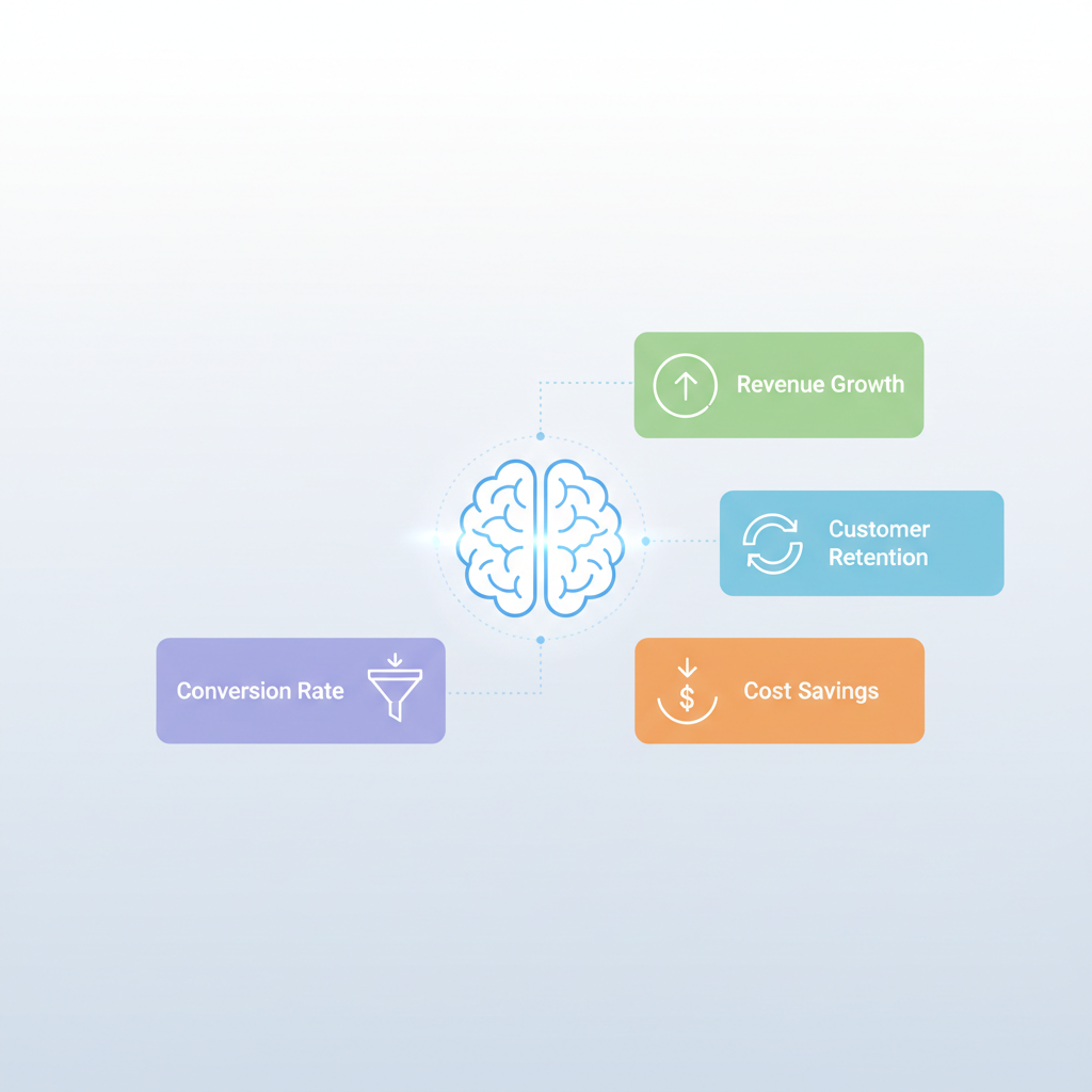 Infographic showing key AI analytics metrics including revenue growth, customer retention, conversion rate, and cost savings