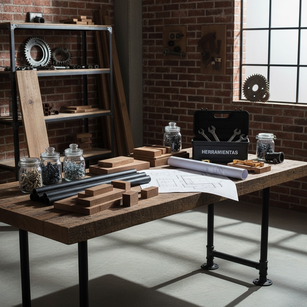 Mesa de trabajo estilo industrial con materiales DIY organizados.