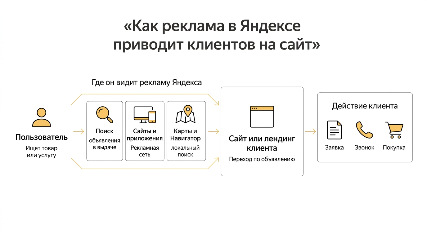 Схема как реклама в Яндексе приводит пользователей на сайт