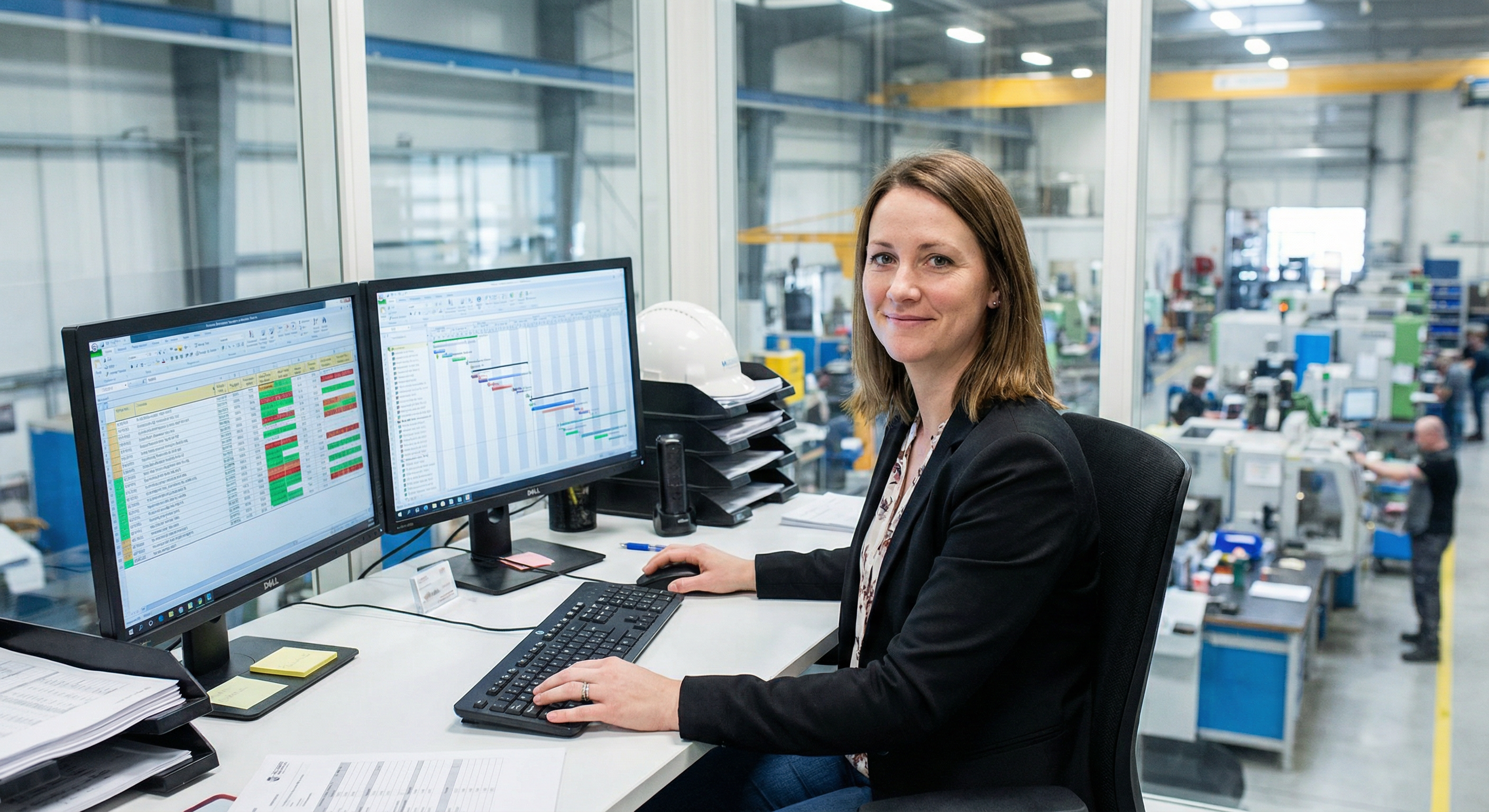 Susan, production scheduler at her workstation reviewing a live scheduling dashboard