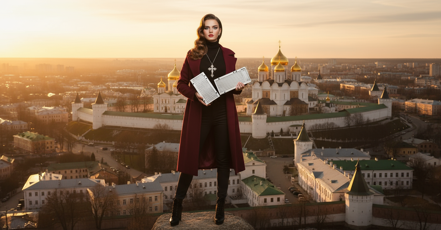 Stylish girl in Sergiev Posad near Lavra, sunset, city fashion, cross necklace, Mauser Form #40.