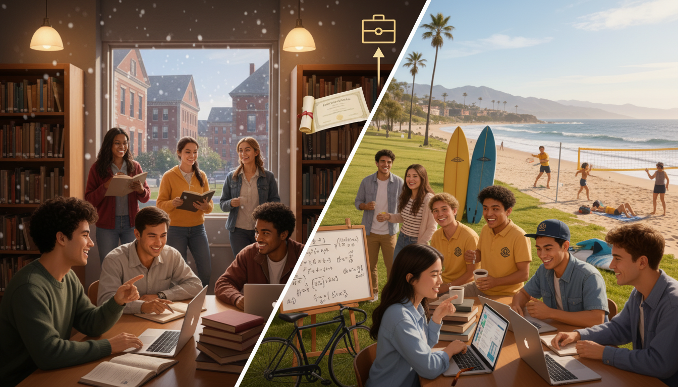 Реалистичная иллюстрация студенческой жизни: пляж в Калифорнии и вечер учебы в Бостоне с улыбающимися студентами.