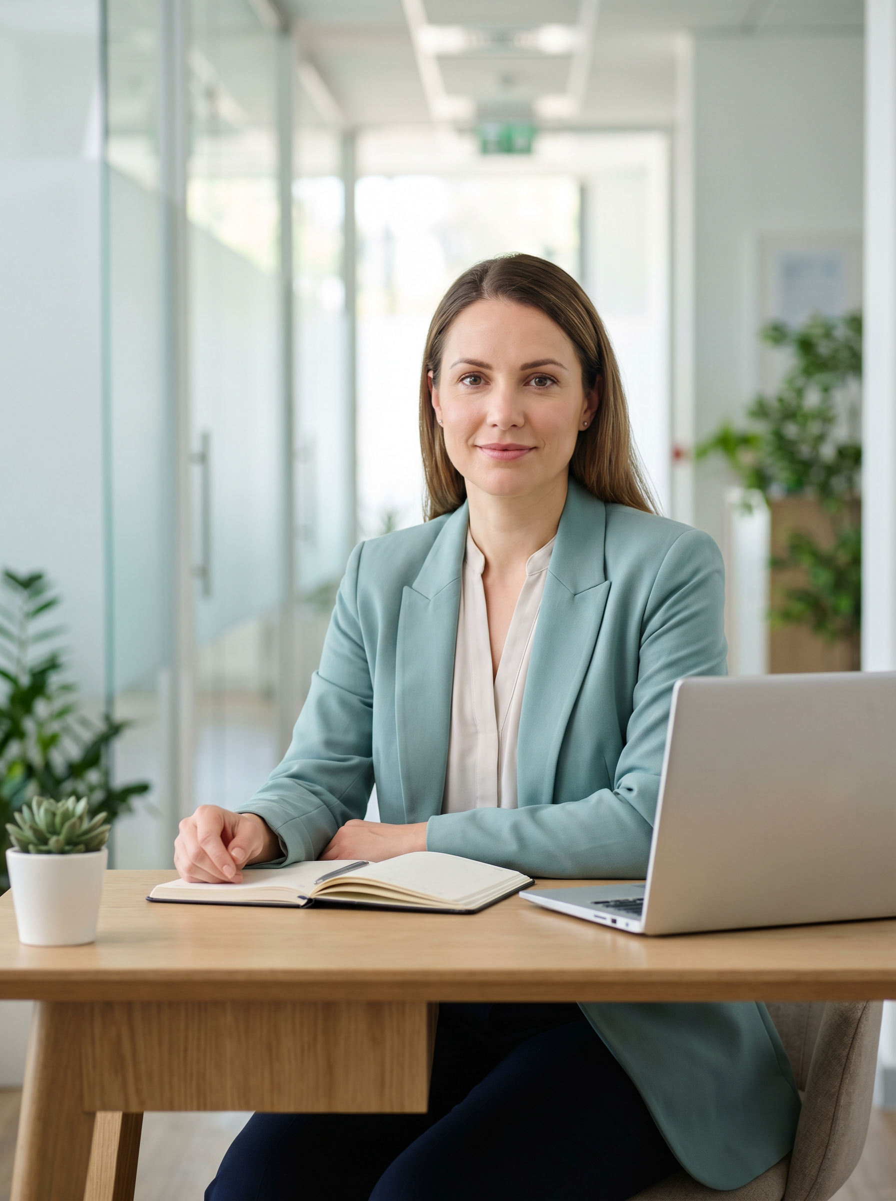 Healthcare marketing director calm and organized at a modern workspace, reviewing a clean performance report
